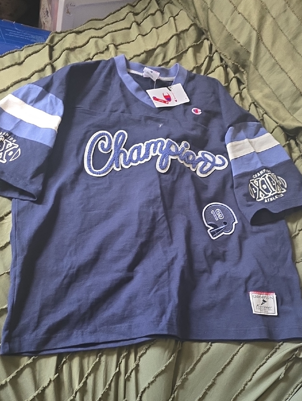 Champion Navy Short-Sleeve Football Tee with Light Blue & White Accents